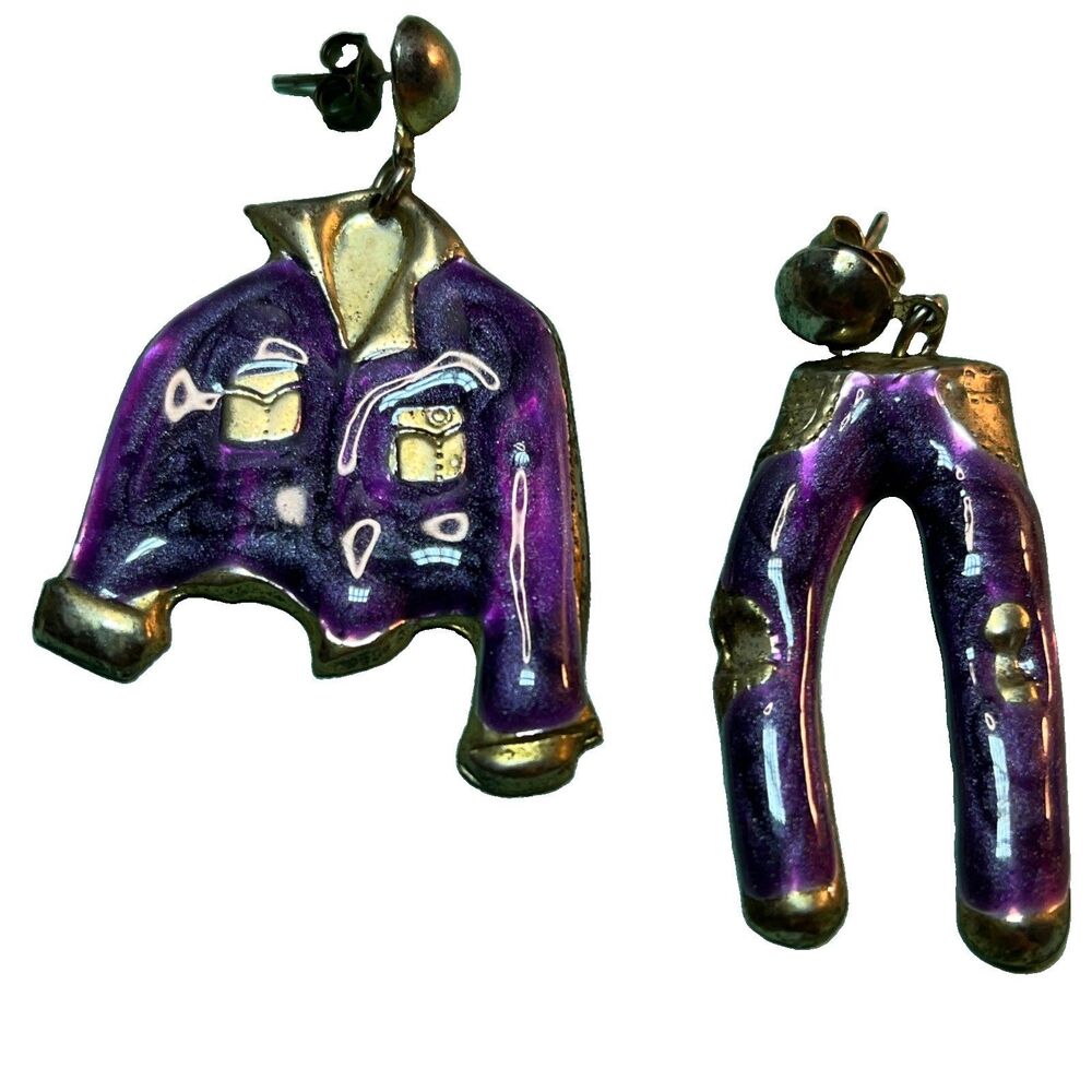 Vintage Retro 80s Enamel Denim Dangle Earrings Jeans and Jacket Unique Purple